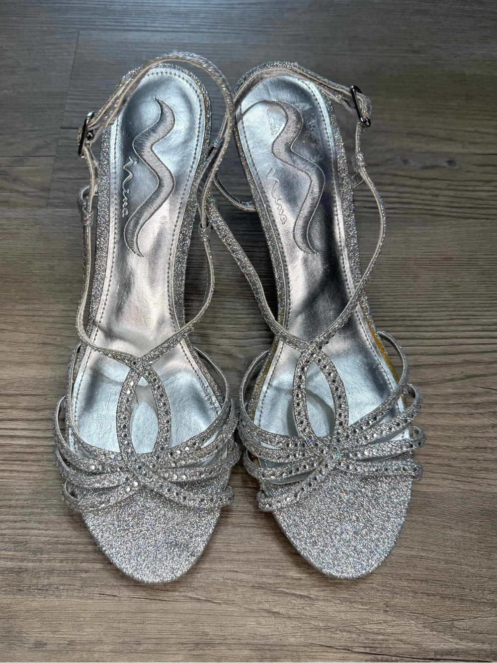 Nina Women’s 9.5 Sparkly Silver Rhinestone Strappy Heels